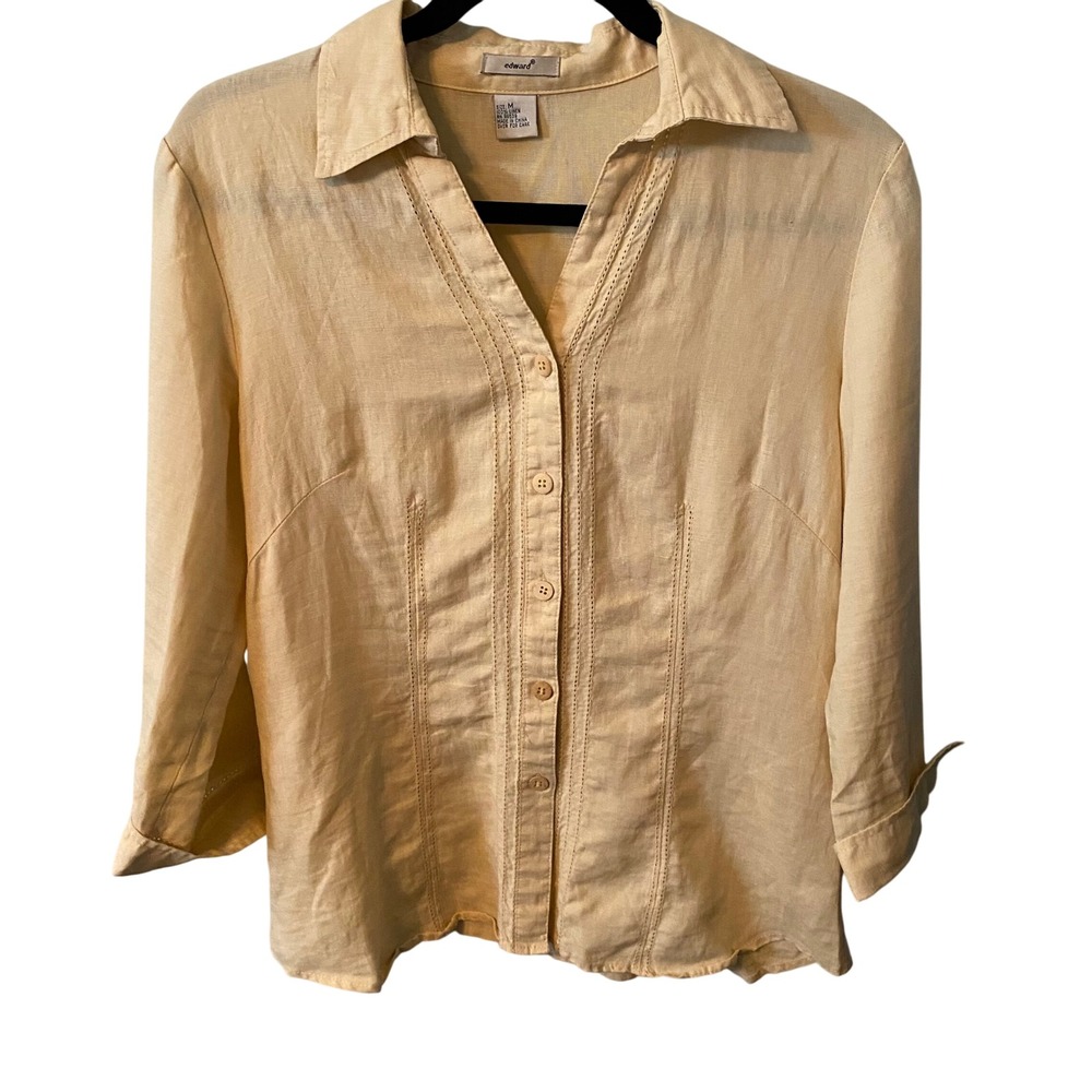 Edward Womens Linen Button Down Shirt Top Beige V-Neck Roll Tab Sleeve Size‎ M